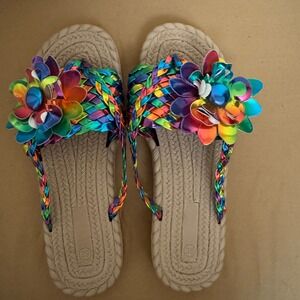 Womens Rainbow Flower Sandals Thong Flip Flops Espadrille Sole Summer Beach